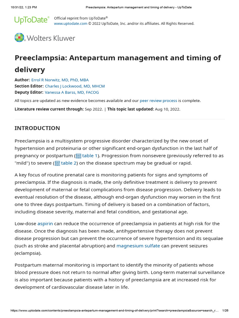 Preeclampsia - Antepartum Management and Timing of Delivery - UpToDate ...