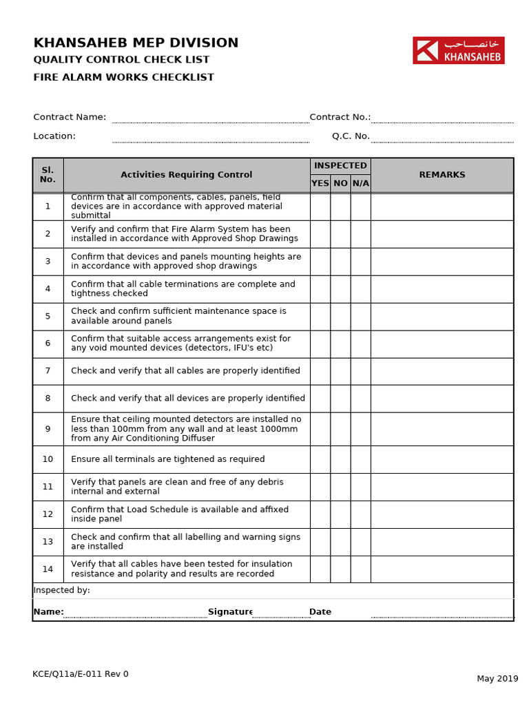 Fire Alarm System Works Checklist | PDF | Electrical Wiring | Electricity