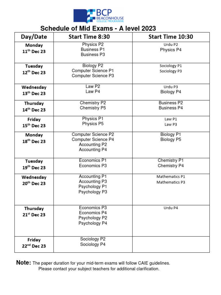 A Level Mid Exam Schedule 2023 | PDF | Science