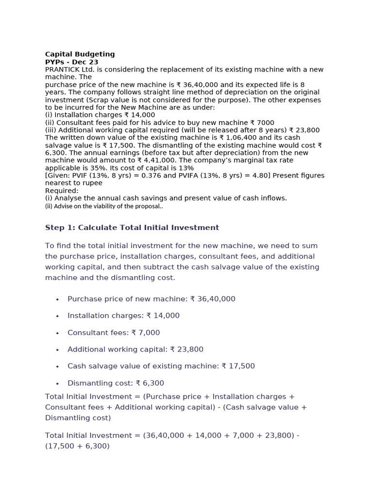 Capital Budgeting Analysis for Machine Replacement | PDF | Net Present ...