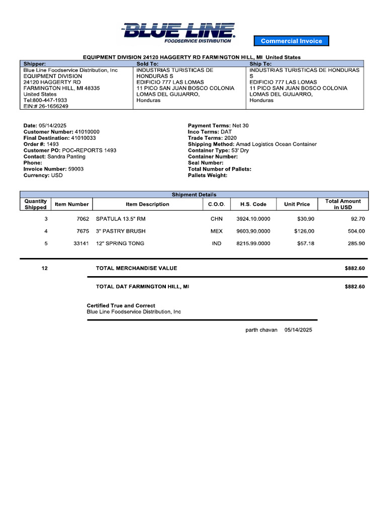 Commercial Invoice Report 1493 - Final Destination | PDF