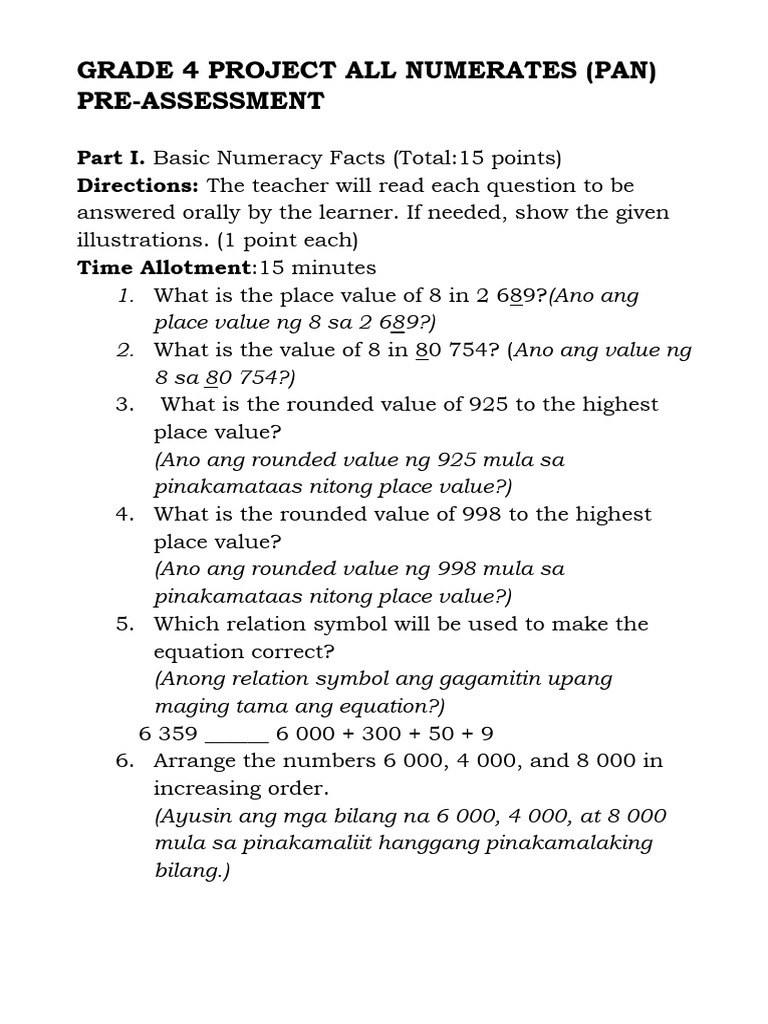 Grade 4 Pan Pre Assessment With Tagalog Translation | PDF