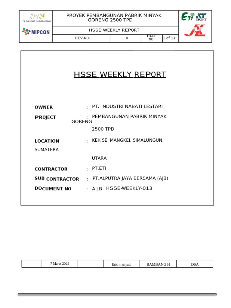 HSSE Weekly Report: Oil Factory Project | PDF