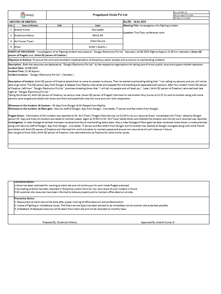 Detailed Report of Fighting Incident 14.06.2025 | PDF