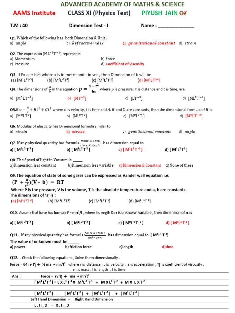 Dimension Test 2025 Marking | PDF | Force | Metrology