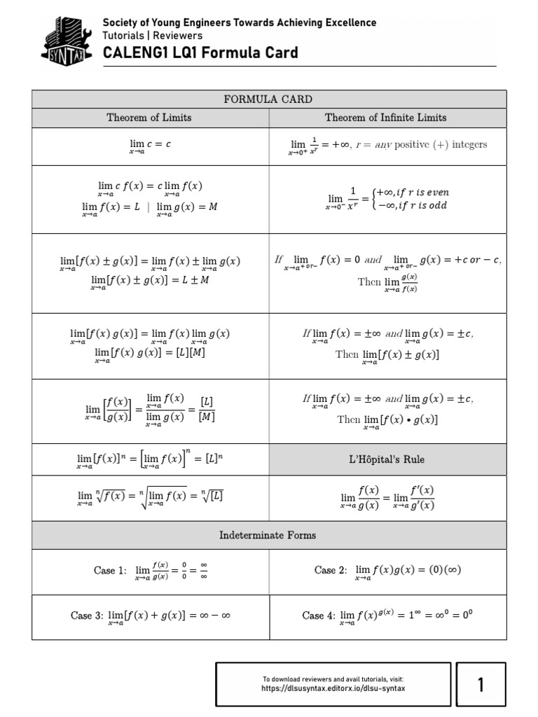 Caleng1 Lq1 Formula Card | PDF | Special Functions | Mathematical Relations