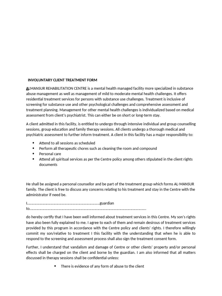 Involuntary Treatment Consent Form | PDF | Mental Health | Psychiatry