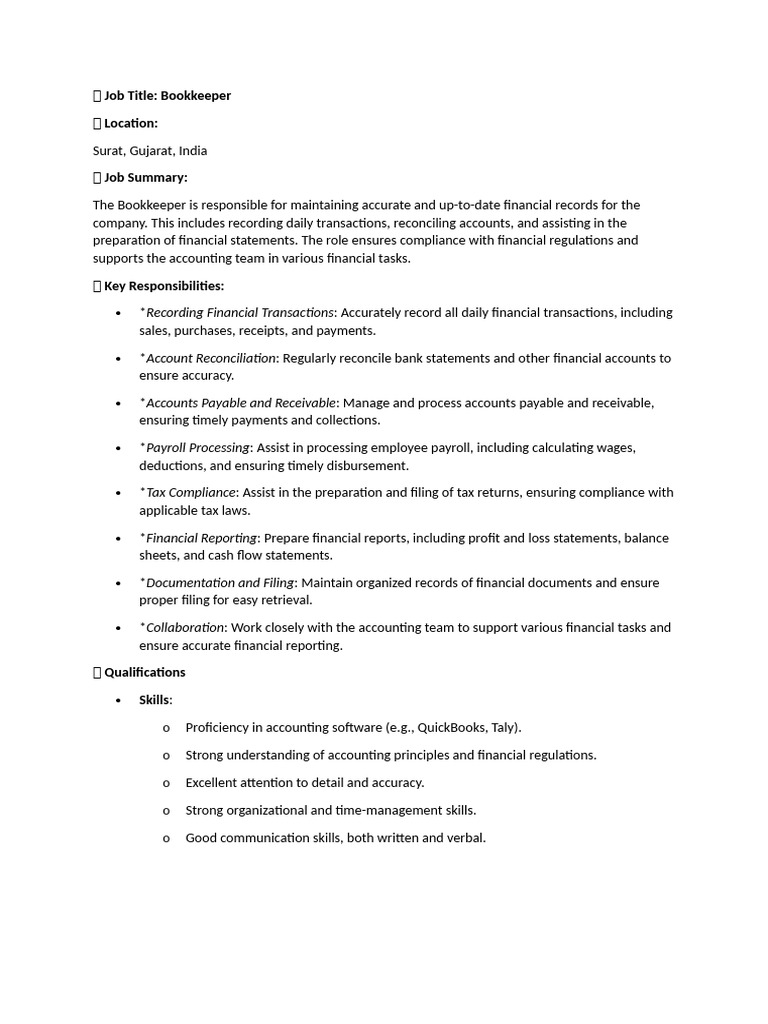 Bookkeeper Job Account | PDF