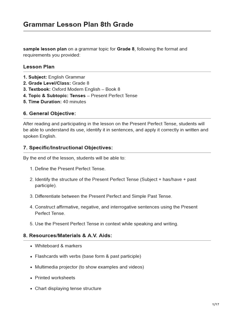 8th Grade Present Perfect Lesson Plan | PDF | Perfect (Grammar ...