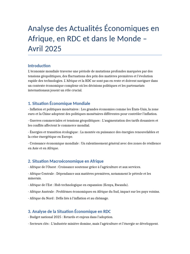 Économie Mondiale et RDC : Analyse 2025 | PDF | Afrique | République ...