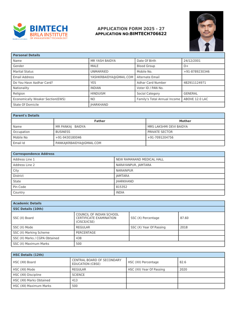BIMTECH Application Form 2025-27 | PDF | Qualifications | Educational ...