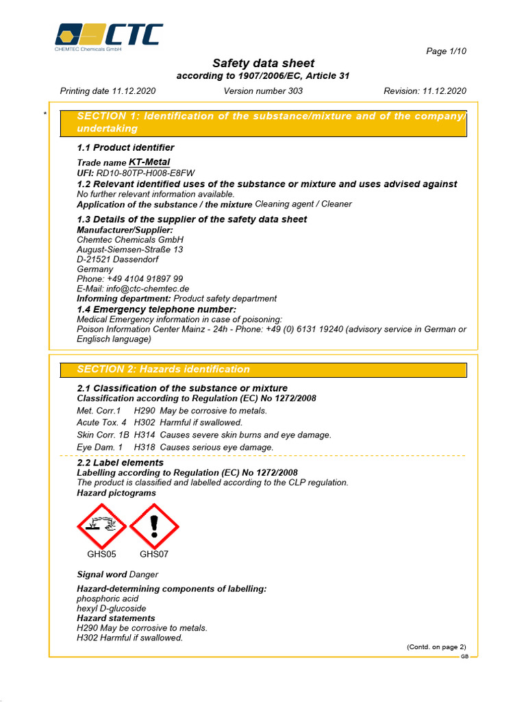 KT-Metal Safety Data Sheet Summary | PDF | Dangerous Goods | Toxicity
