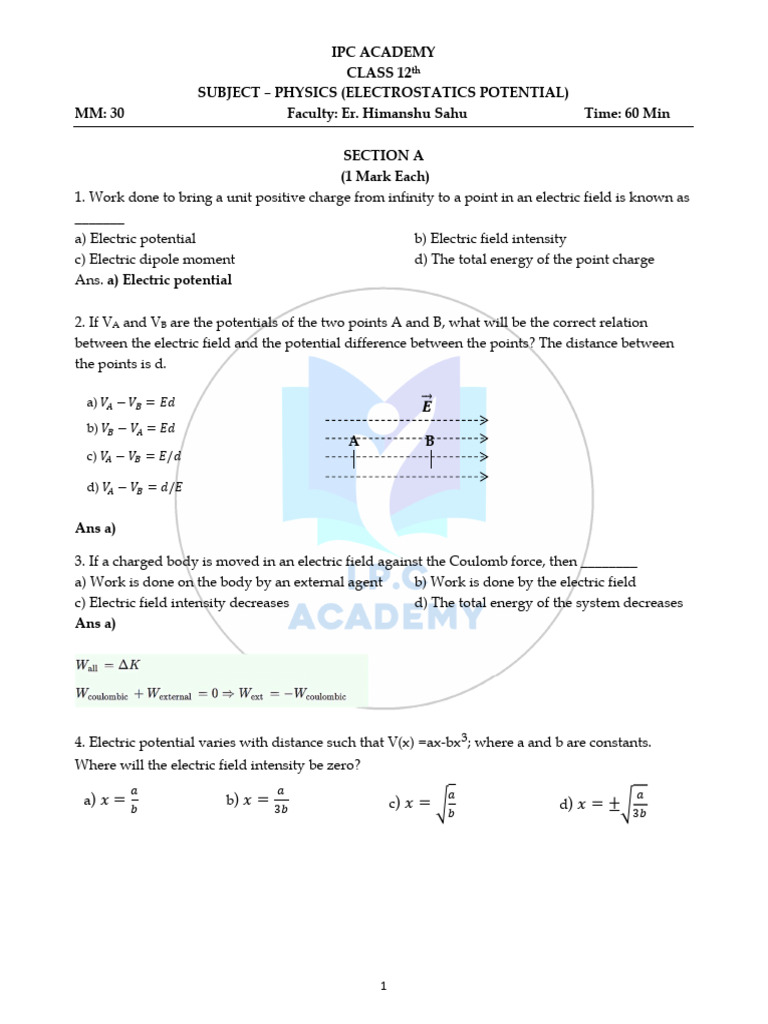 Sol 18 May Electrostatics Potential | PDF | Electric Field | Electricity