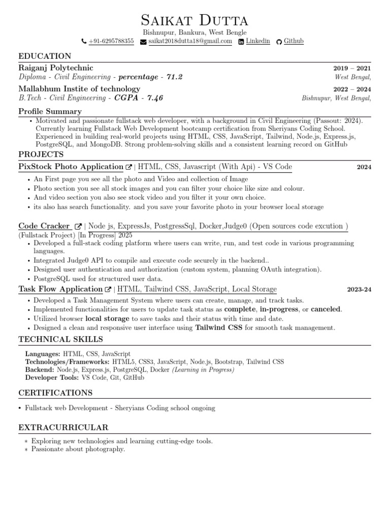 Saikat Dutta: Fullstack Developer Profile | PDF | Java Script | Web ...