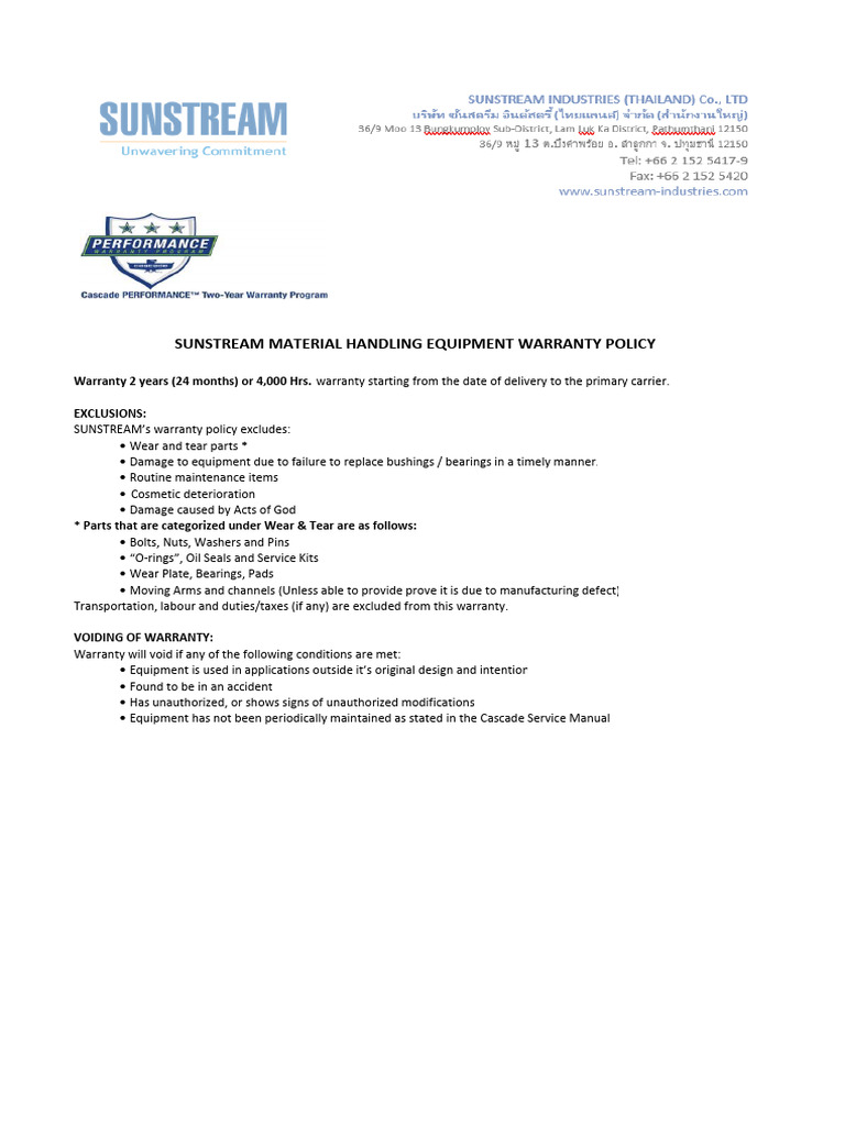 Sunstream Warranty Policy Overview | PDF