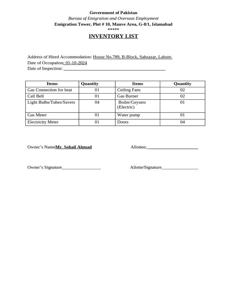 Pakistan Emigration Accommodation Inventory | PDF