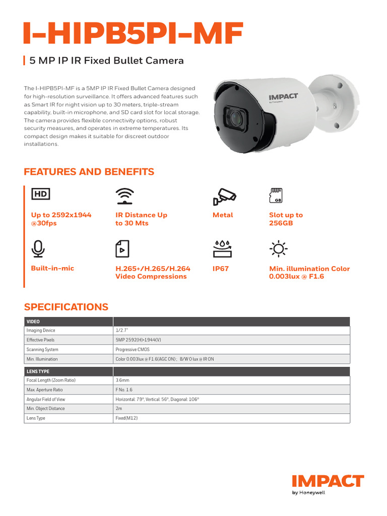 5MP IP IR Fixed Bullet Camera Overview | PDF | Camera | Camera Lens