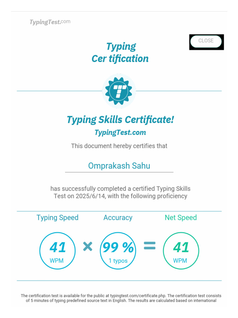 Typing Skills Certification Document | PDF