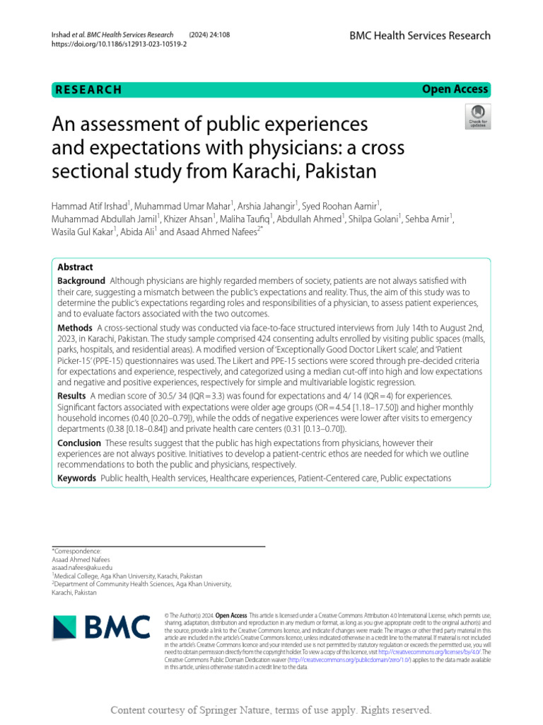 Public Expectations of Physicians in Karachi | PDF | Health Care ...