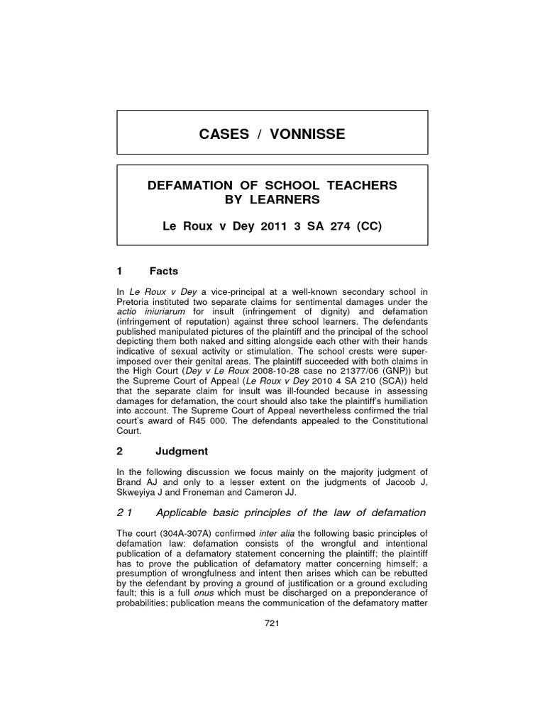 Defamation of School Teachers by Learners Le Roux | PDF | Defamation ...