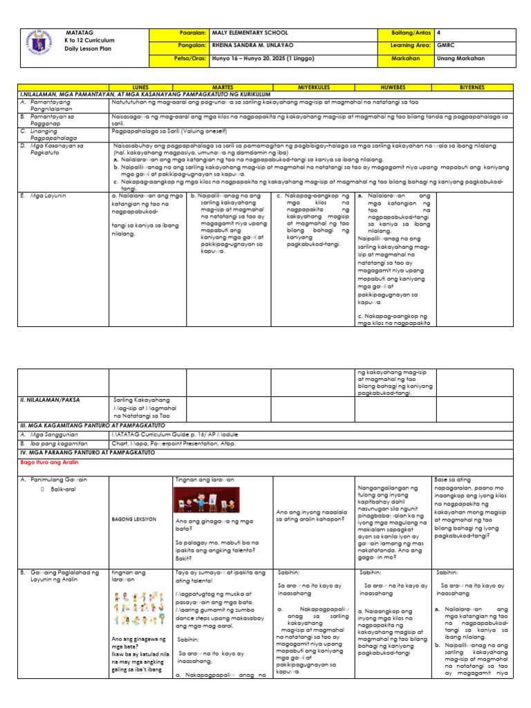 Matatag DLL Week 1 GRMC g4 | PDF