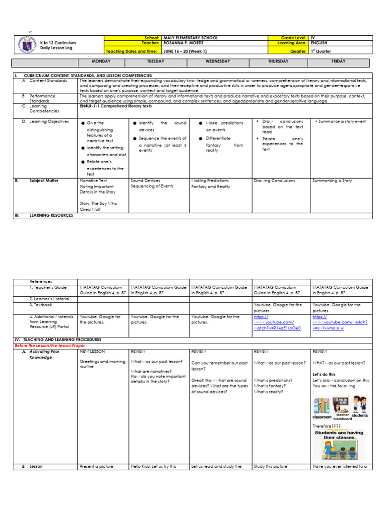 Matatag DLL Week 1 English g4 | PDF | Reading Comprehension | Curriculum