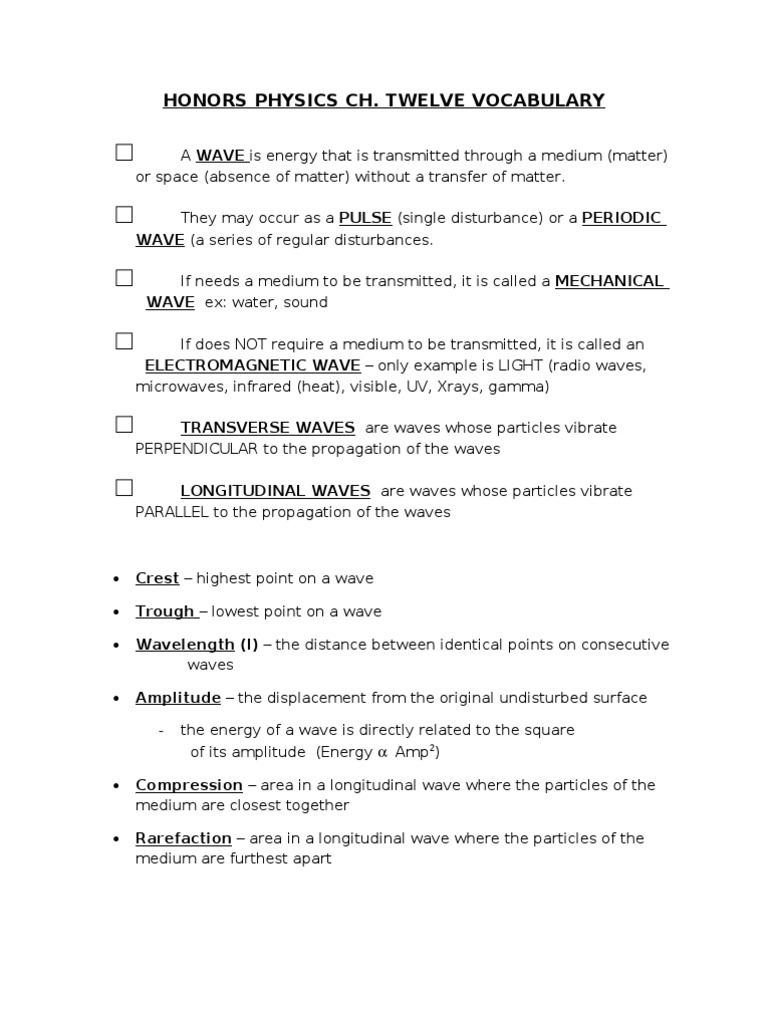 2012 Honors Physics Waves Vocabulary | PDF