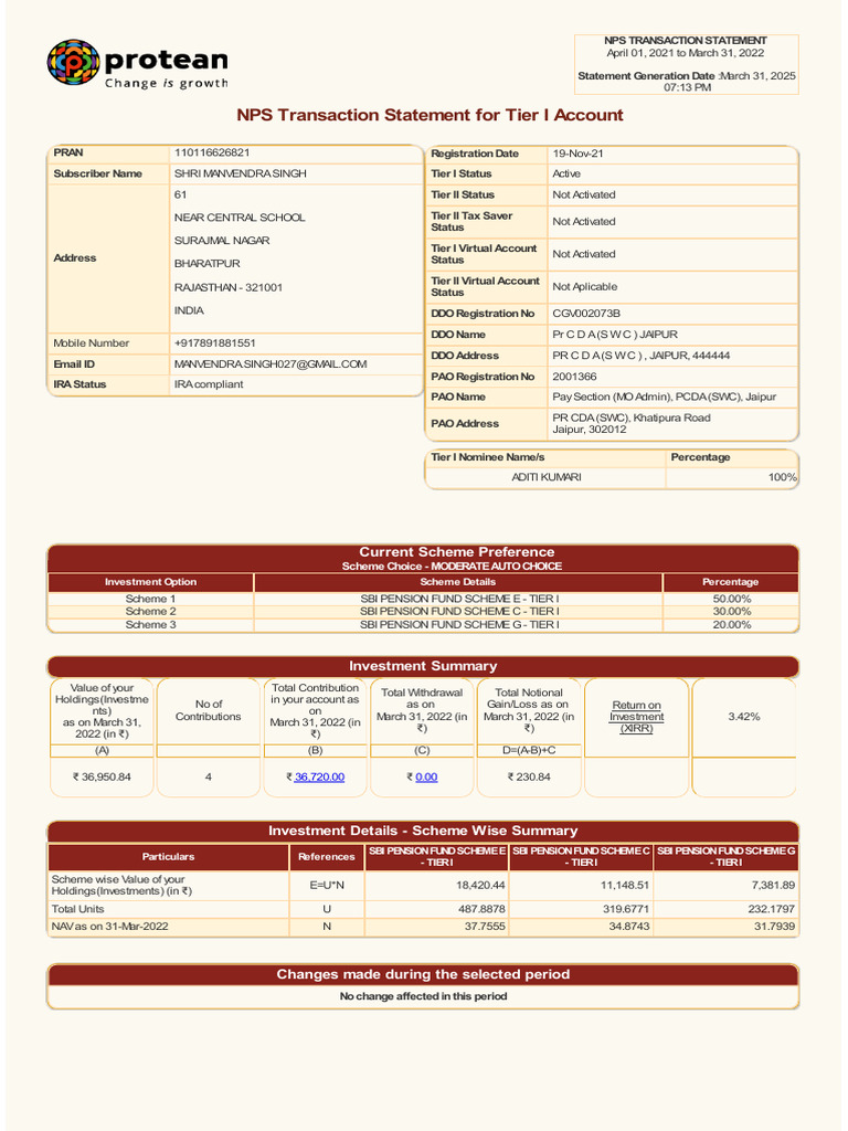 NPS Transaction Statement 2021-2022 | PDF | Financial Services | Investing