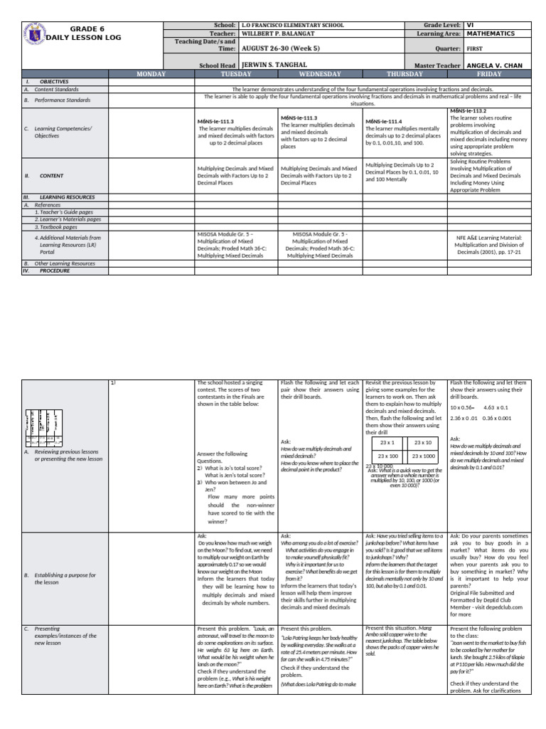 Grade 6 Math: Multiplying Decimals Lesson | PDF | Multiplication | Learning