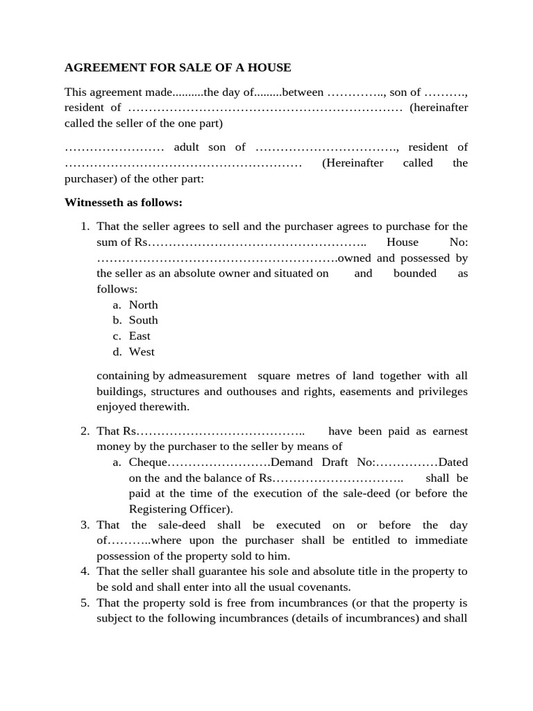 Agreement For Sale of A House | PDF | Property Law | Civil Law (Common Law)