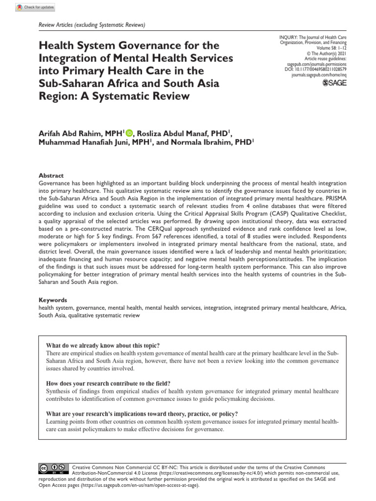 Governance in Mental Health Integration | PDF | Systematic Review ...