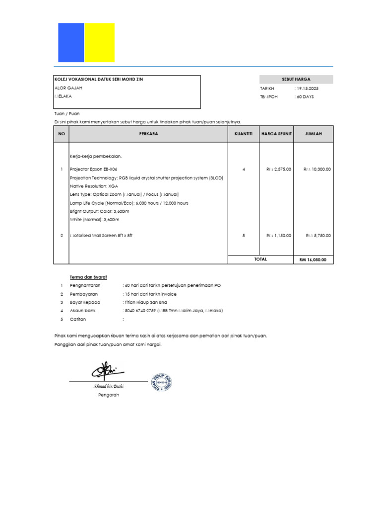 Sebut Harga Peralatan Proyektor Melaka | PDF