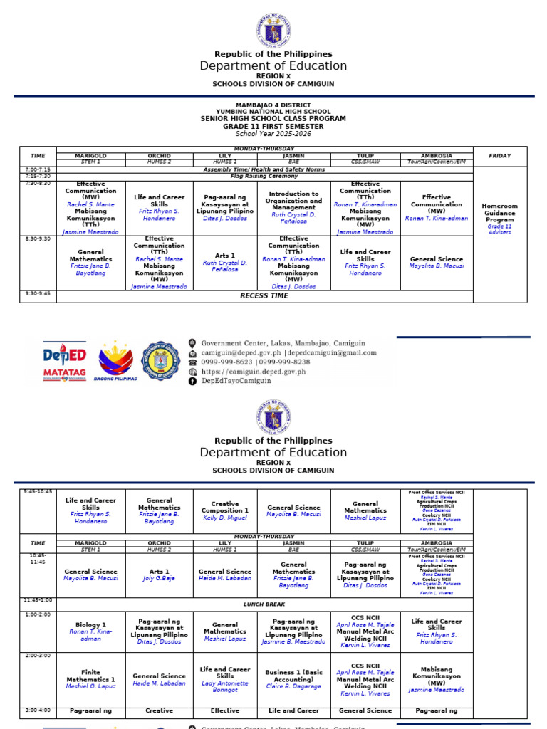 Grade 11-12 Class Program 2025-2026 | PDF