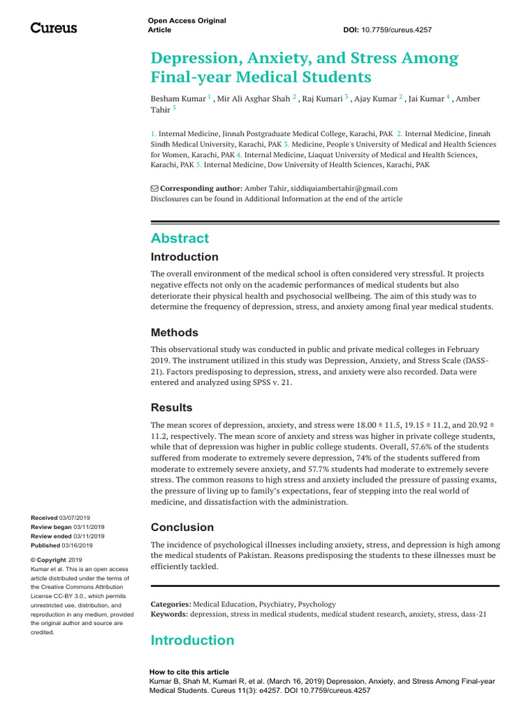 Depression, Anxiety, and Stress Among Final-Year Medical Students | PDF ...