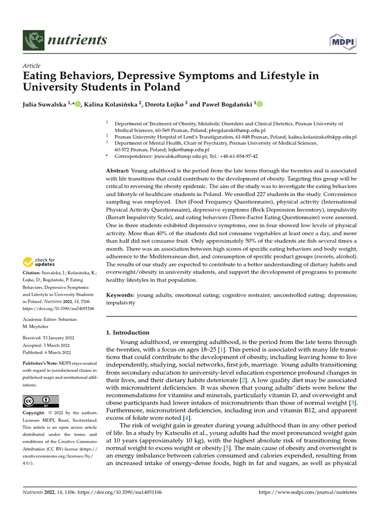 Eating Behaviors, Depressive Symptoms and Lifestyle in University ...