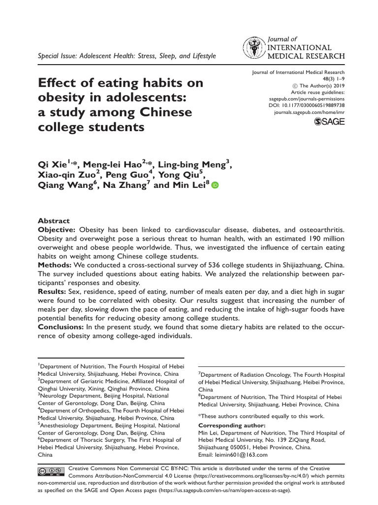 Effect of Eating Habits On Obesity in Adolescents - A Study Among ...