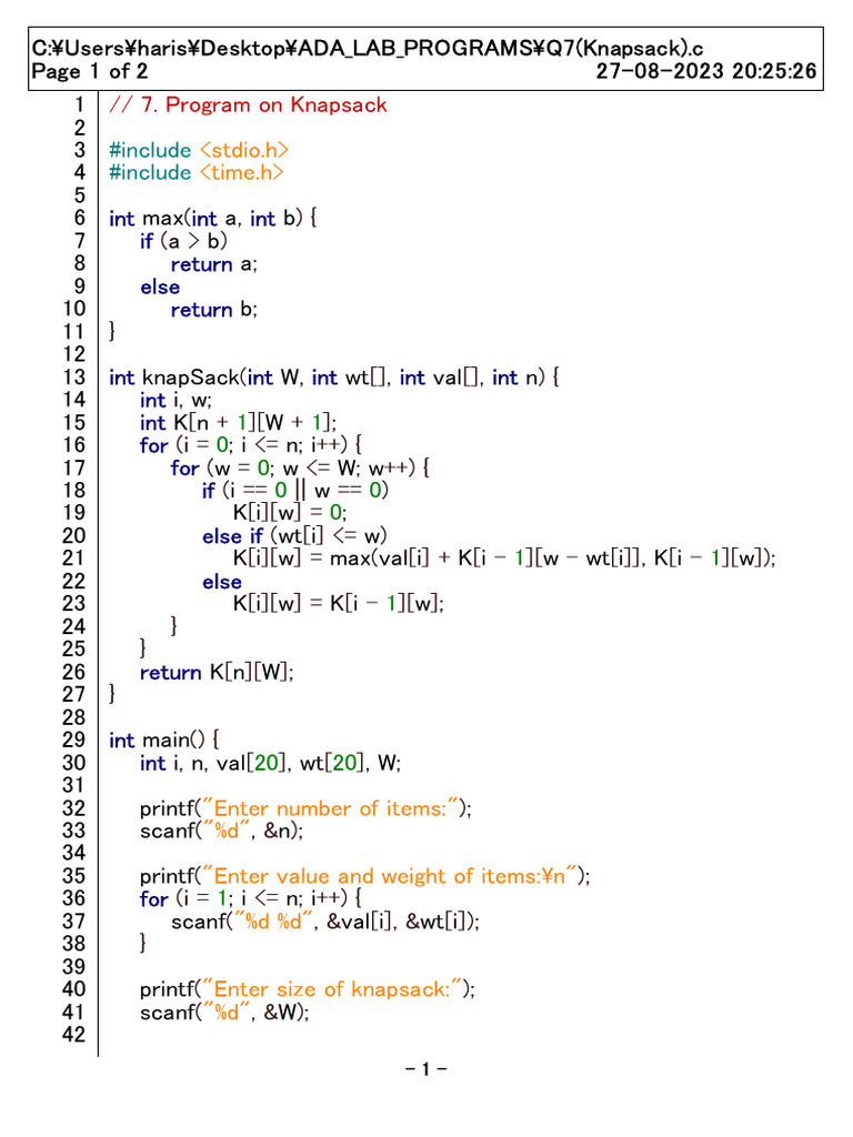 Knapsack Problem Implementation in C | PDF