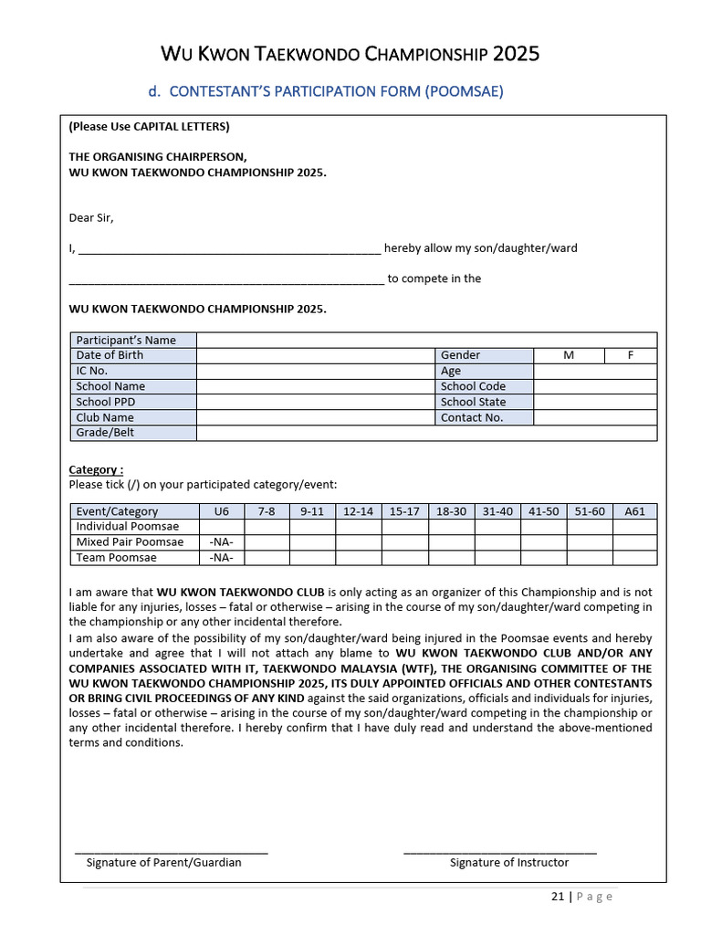Participation Form for 2025 Championship | PDF
