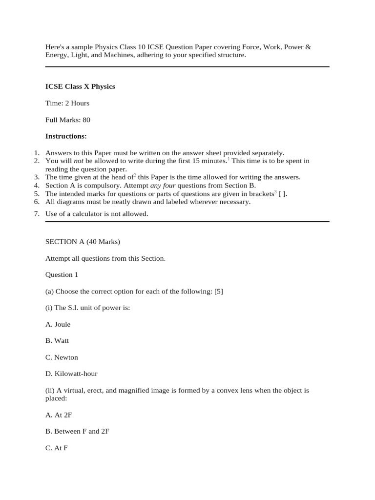 ICSE Class 10 Physics Sample Paper | PDF | Lever | Force
