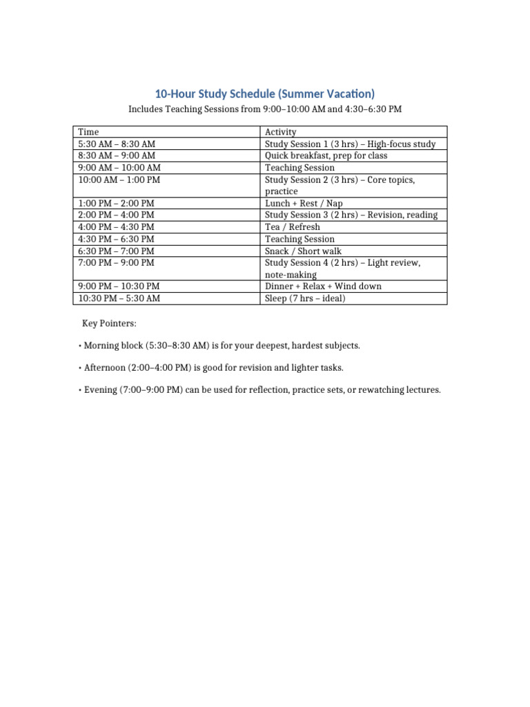 10 Hour Study Schedule Summer Vacation | PDF