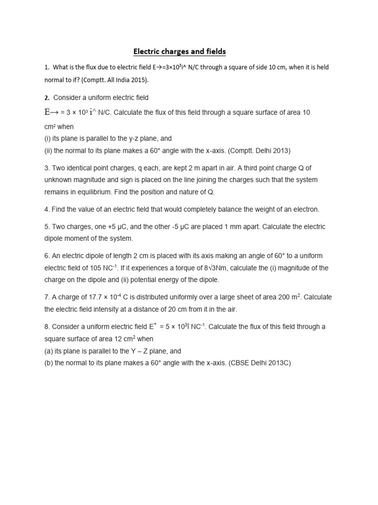 Electric Charges and Fields Numerical 12 | PDF