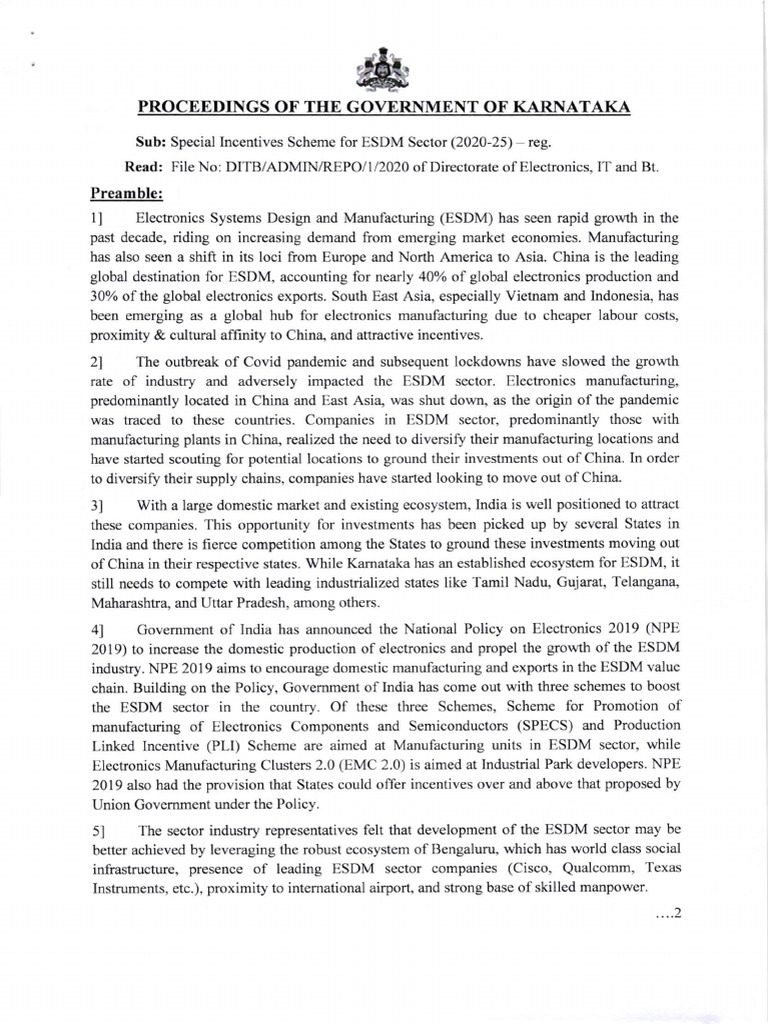 Govt - Order - ITBT-101-ADM-2020, Spl. Incentives Scheme For ESDM ...