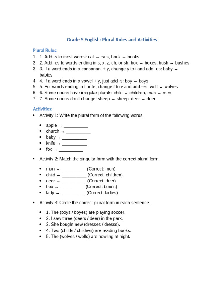 Grade 5 Plural Rules & Activities | PDF