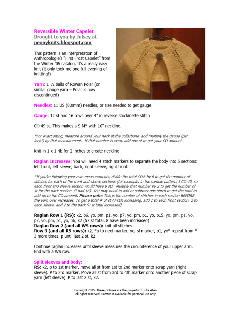 Reversible Winter Capelet Knitting Pattern | PDF | Knitting | Gauge ...