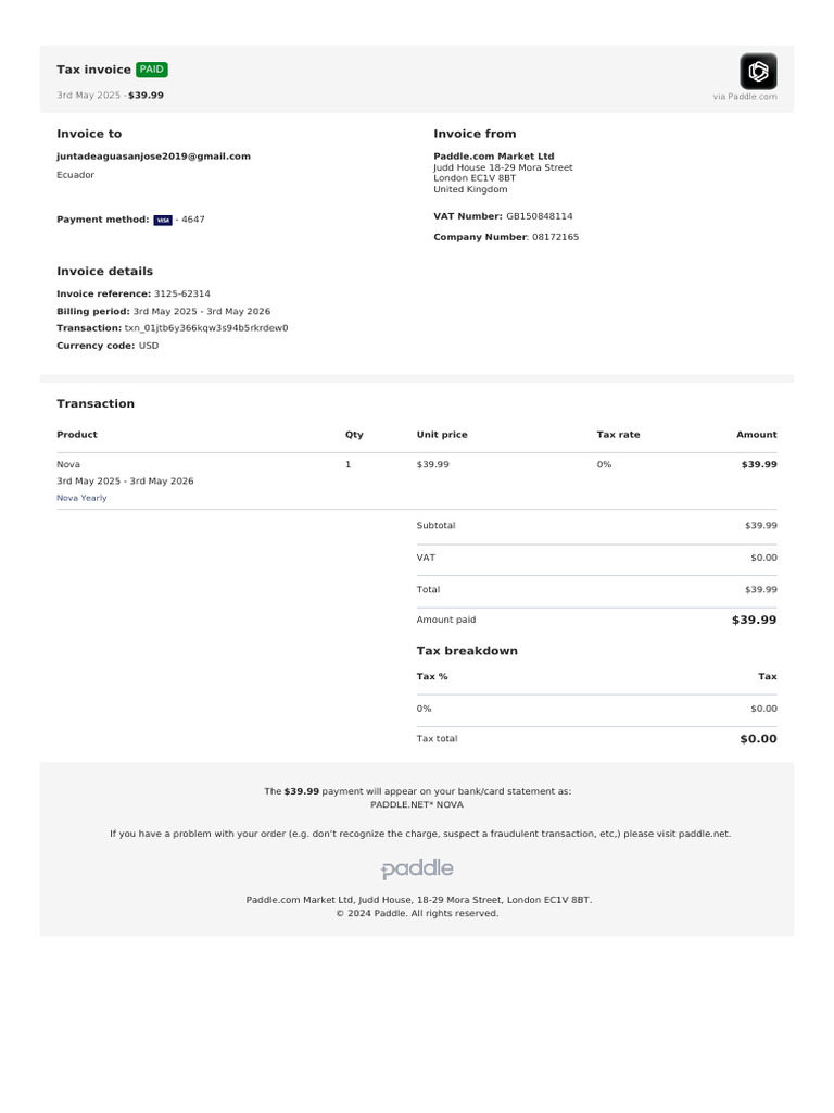 Invoice for Nova Subscription 2025 | PDF | Invoice | Taxes