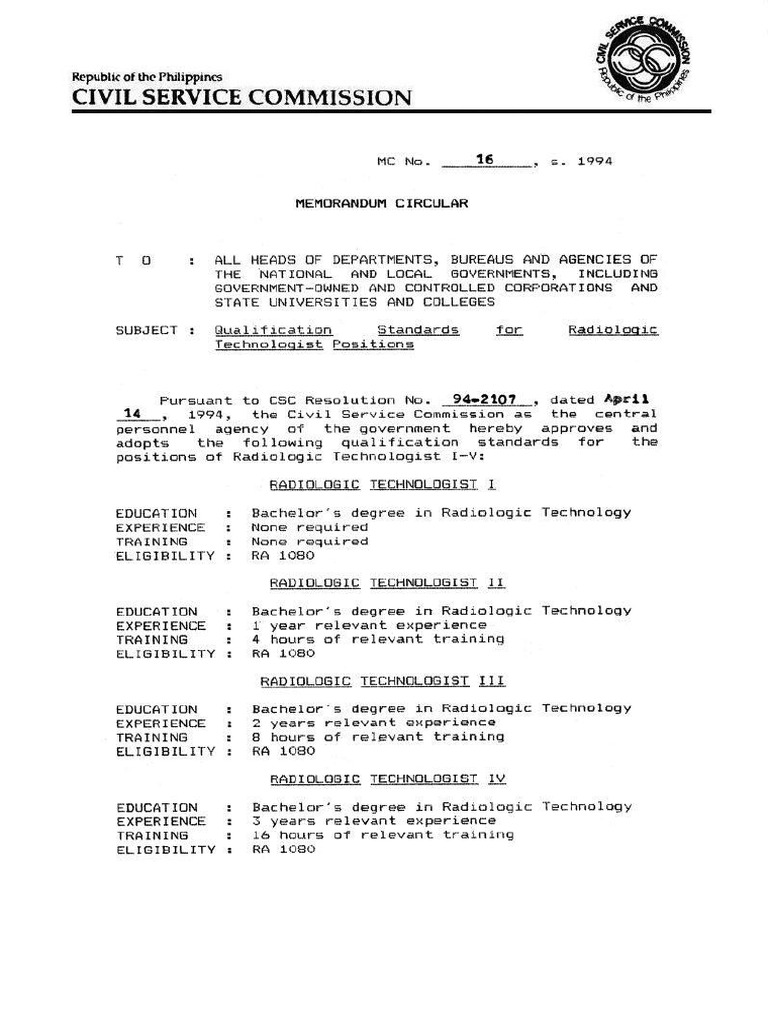 CSC MC No. 16 S-1994 (QS Radiologic Technologist Position) | PDF