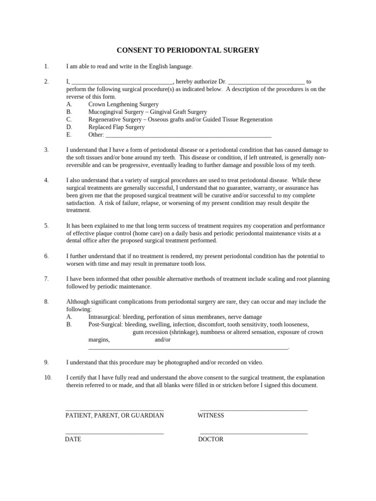 Periodontal Surgery Consent Form | PDF | Periodontology | Surgery