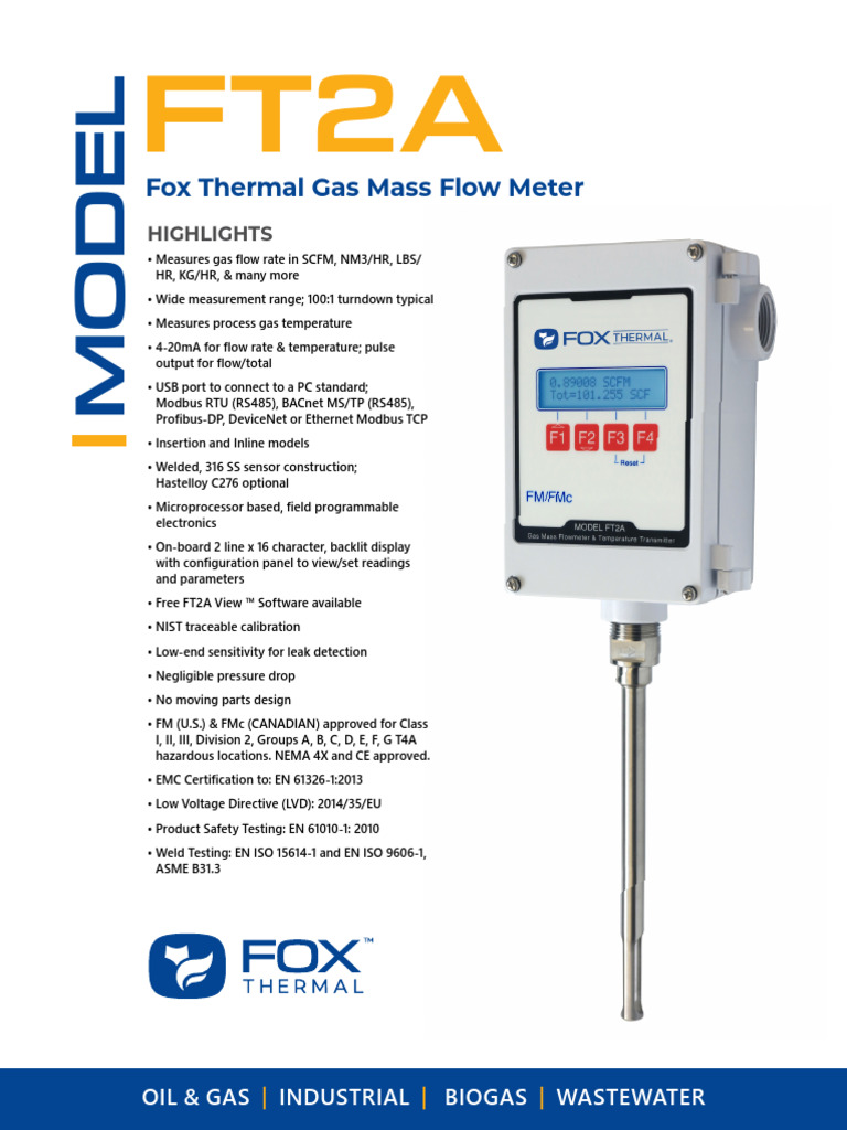 Fox FT2A Gas Flow Meter Overview | PDF | Flow Measurement | Gases