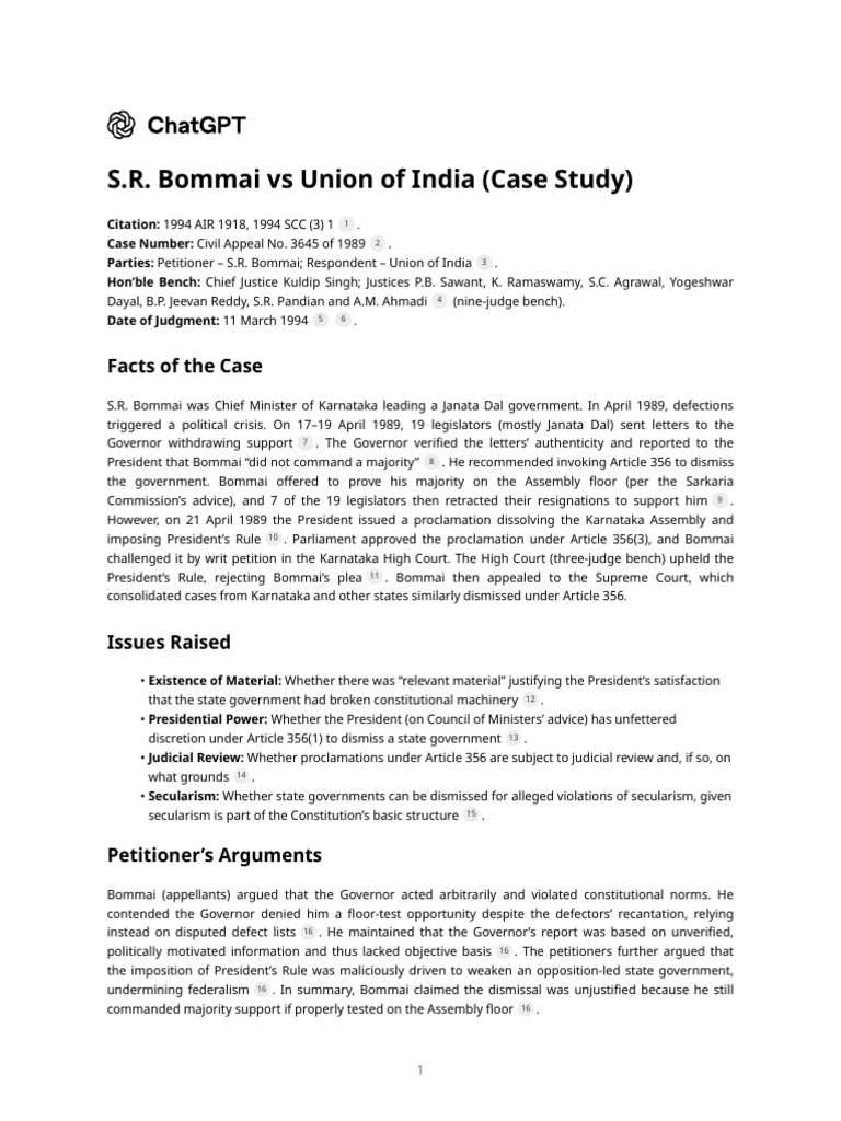 S.R. Bommai vs Union of India Case Analysis | PDF | Public Law | Justice