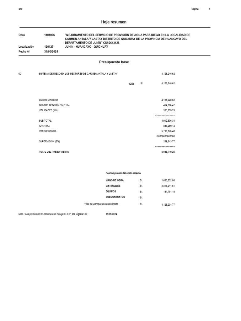 Mejora del Riego en Quichuay, Junín | PDF | Presupuesto ...